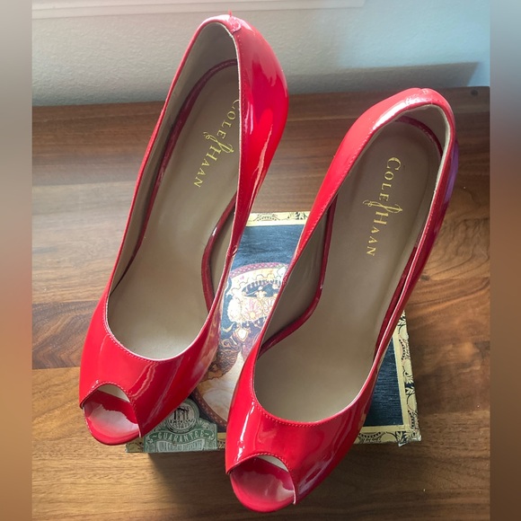 cole haan Heels 9.5 air Mariela Platform Leather Red Peep Toe Cork Nike Air sole - Picture 3 of 8